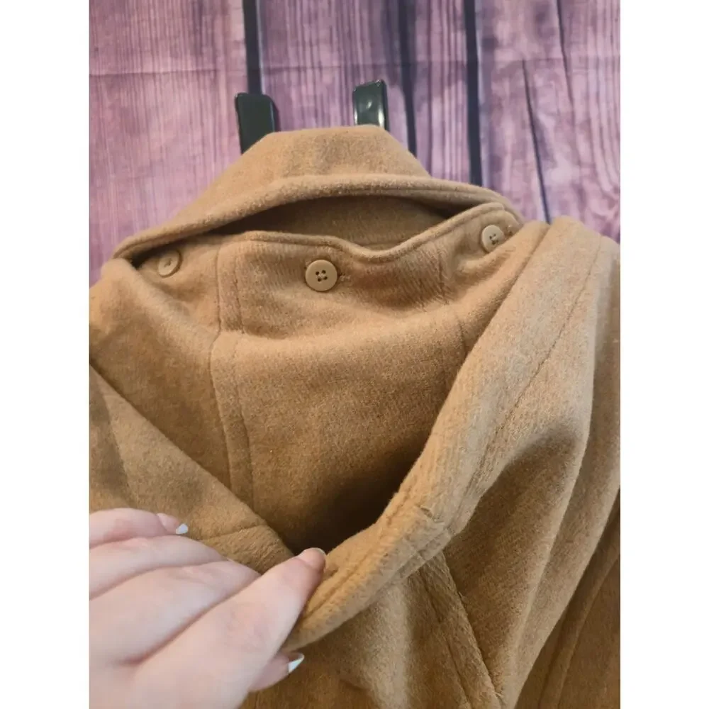 Women's Camel Hooded Wool Blend Walker Coat Michael Kors XS Gold Zip Mid Length